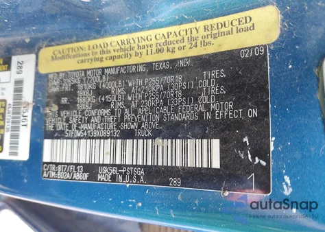 2009 Toyota Tundra Crewmax/Crewmax Sr5 z USA, uszkodzony, nr VIN 5TFDW54139X089132